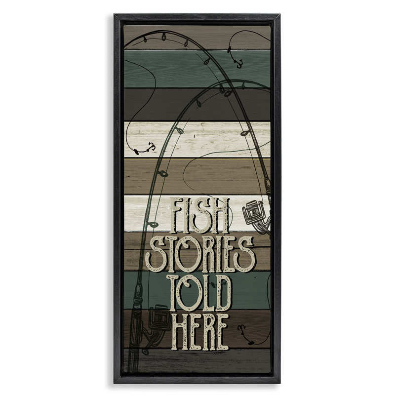 «Rustic Fishing Stories», art mural encadré sur toile flottante par Kim Allen, Cadre flottant noir de jais, H 25 po x l 11 po