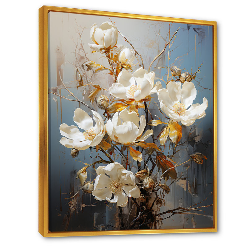 «Magnolias I» sur toile, Cadre flottant doré, H 20 po x l 12 po x P 1 po