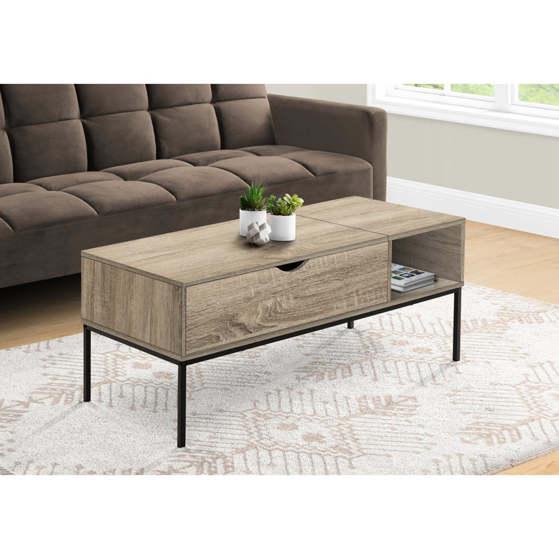 Table basse rectangulaire 42 po avec plateau relevable, couleur taupe foncé, table moderne en métal noir, support rectangulaire, solution de rangement spacieuse