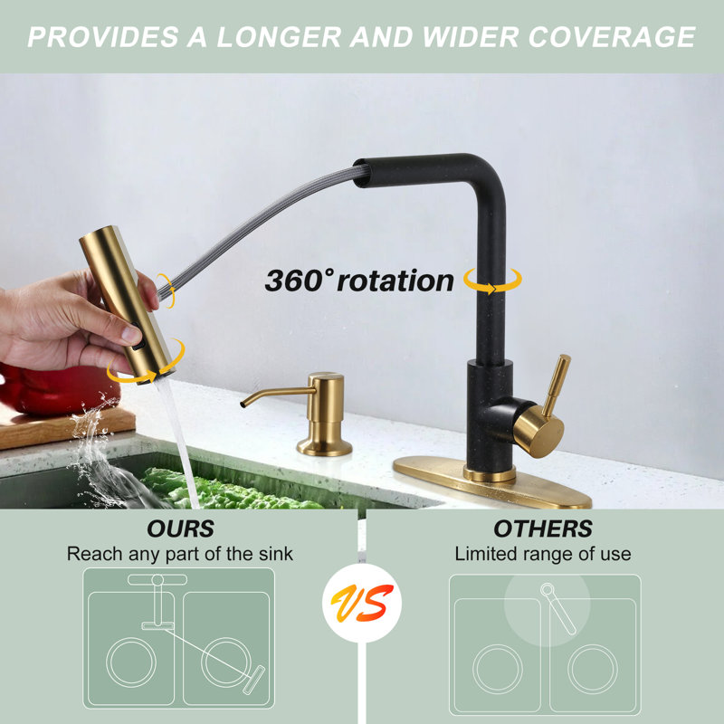 Single-Handle High Arc Kitchen Faucet with Pull Down Sprayer and Soap Dispenser, Gold/Black