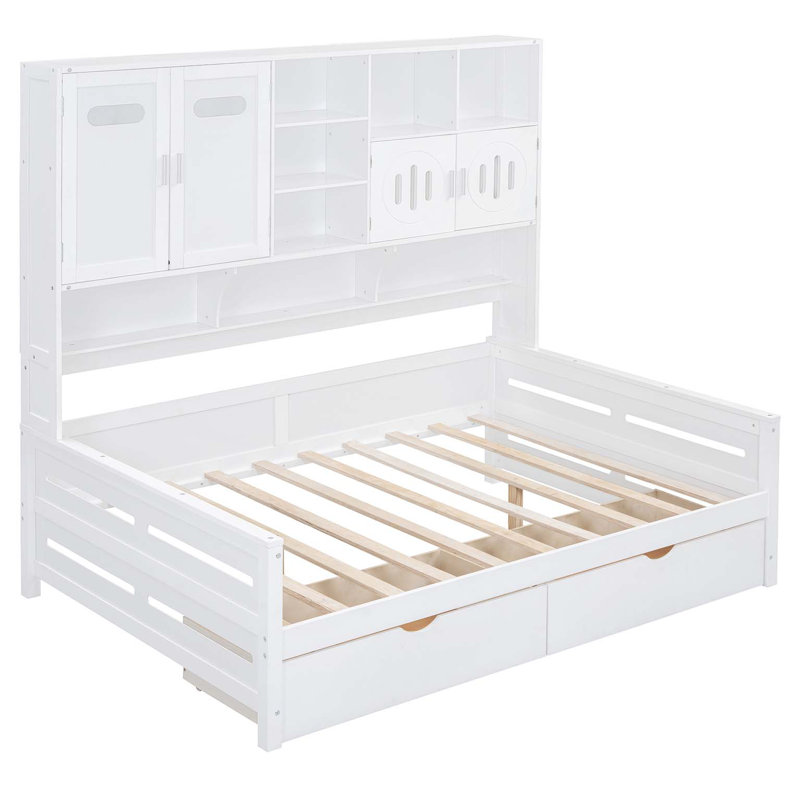 Lit de jour en bois avec tiroirs, armoire et tablette tout-en-un, Lit double, Blanc