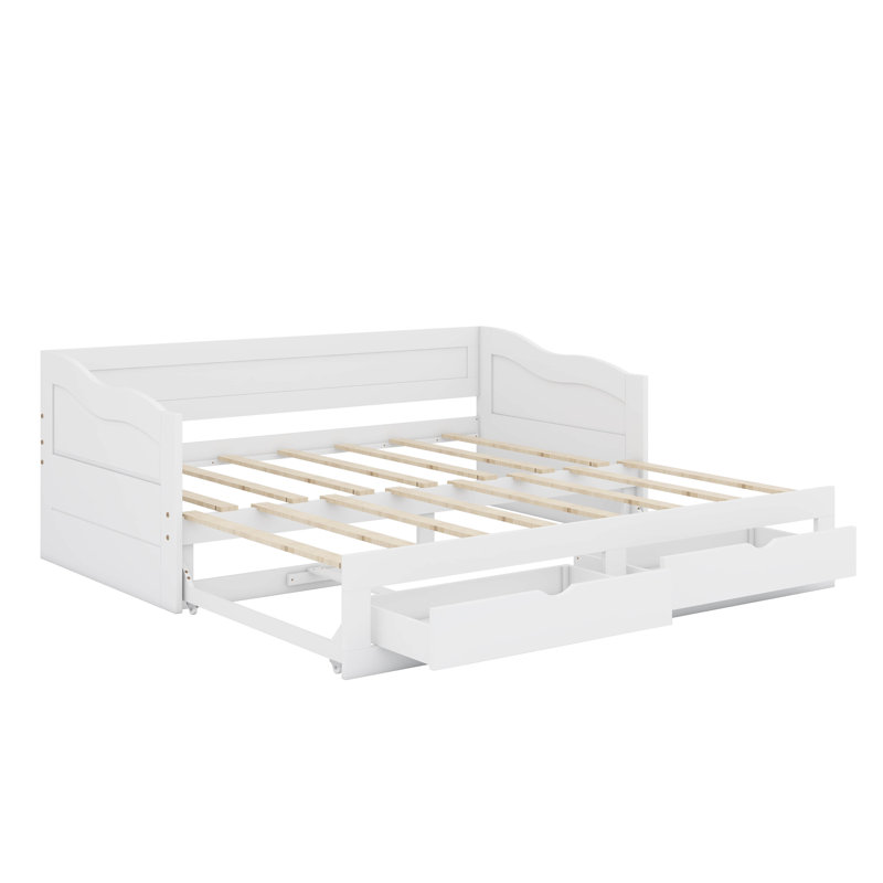 Lit de jour simple en bois extensible avec lit gigogne et deux tiroirs de rangement, Blanc