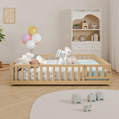 Full Size Floor Platform Bed With Fence And Door For Kids, Montessori Floor Bed Frame With Support Slats For Toddlers, Wooden Floor Bed Natural