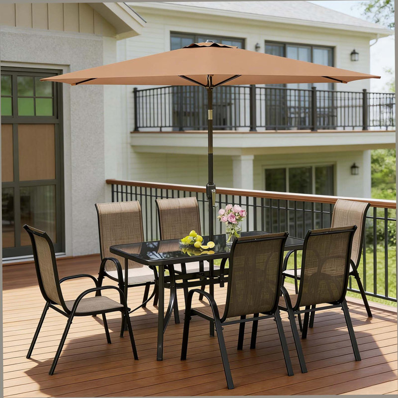 Ensemble de salle à manger durable pour 6 personnes avec parasol compatible solaire; Ensemble de patio 8 pièces résistant aux intempéries pour la cour et la terrasse