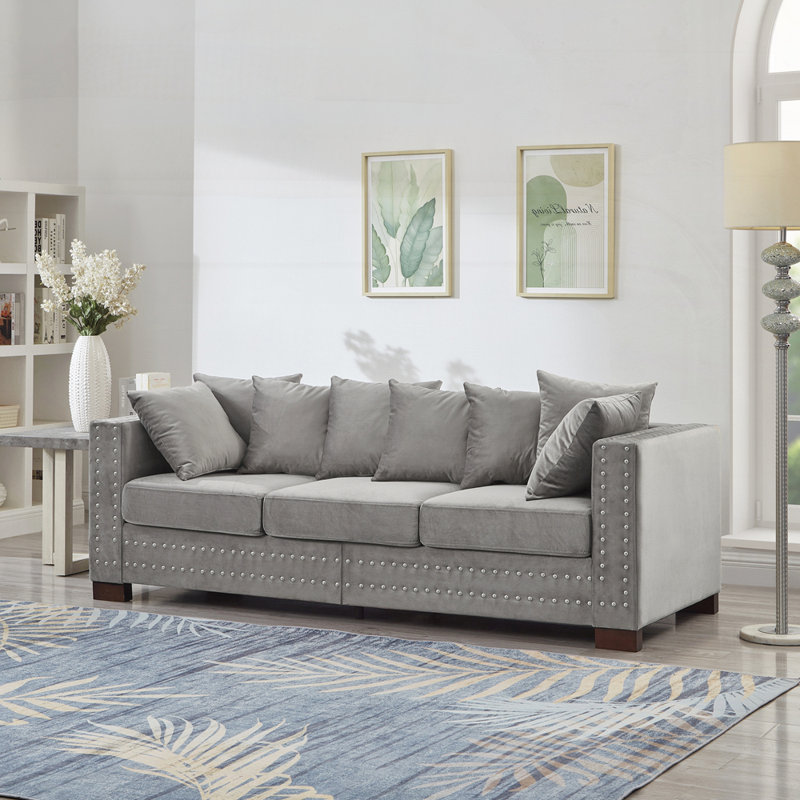 Upholstered Velvet Couch Sofa with Silver Nails Decoration, Gray, 31.9" H x 84.5" W x 32.3" D, 3