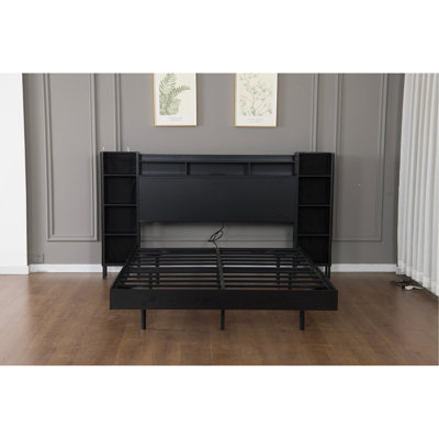Twin Size Floating Bed Frame with USB Charging Station, Storage Headboard and with Led Light, Heavy Duty Metal Platform Bed Frame, No Box Spring Needed, Black