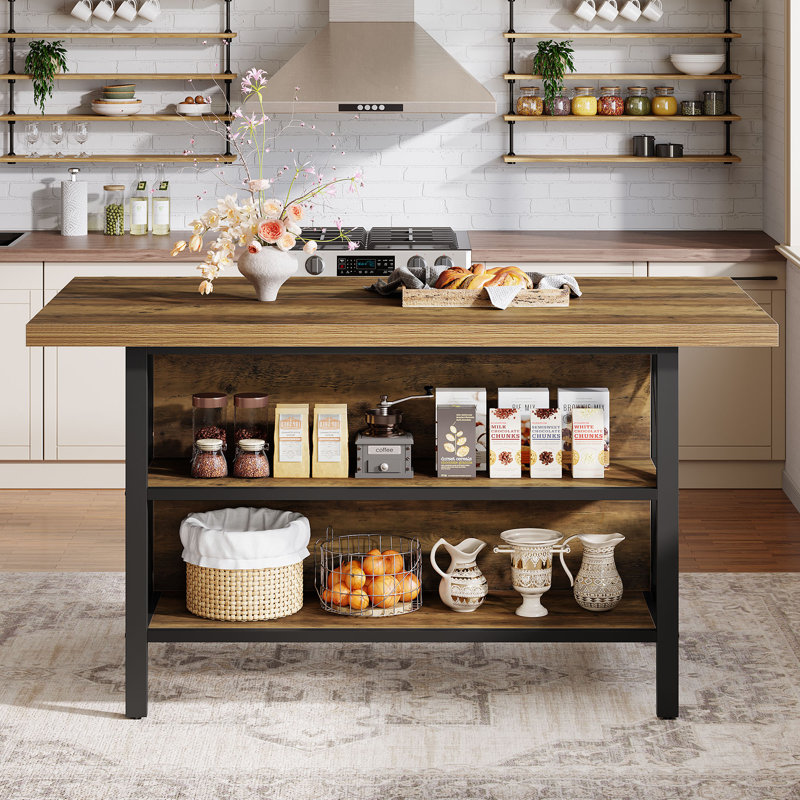 Îlot de cuisine avec rangement, table de travail industrielle de 63 pouces avec 2 tablettes, brun rustique