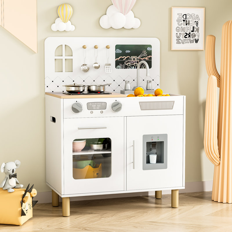 Wooden Kids Play Kitchen Set With Real Lights & Sounds, Interactive Pretend Kitchen With Knob Sounds, Sink, Water Dispenser, 6 Pcs Cookware & Chalkboard Panel For Toddlers And Children(white)