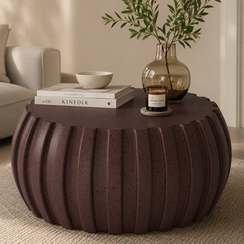 35.43" Modern Waterproof Coffee Table, Durable Mgo Cement Design,Indoor & Outdoor Compatible, Brown, Drum Shape
