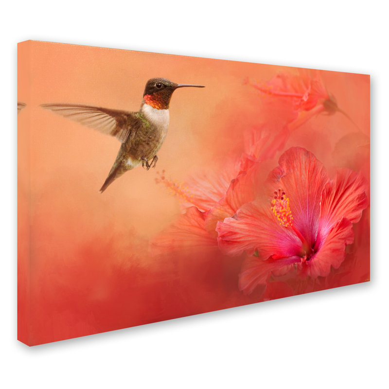 Vidur «Hummingbird and Peach Hibiscus», reproduction d'impression sur toile tendue, H 22 po x l 32 po