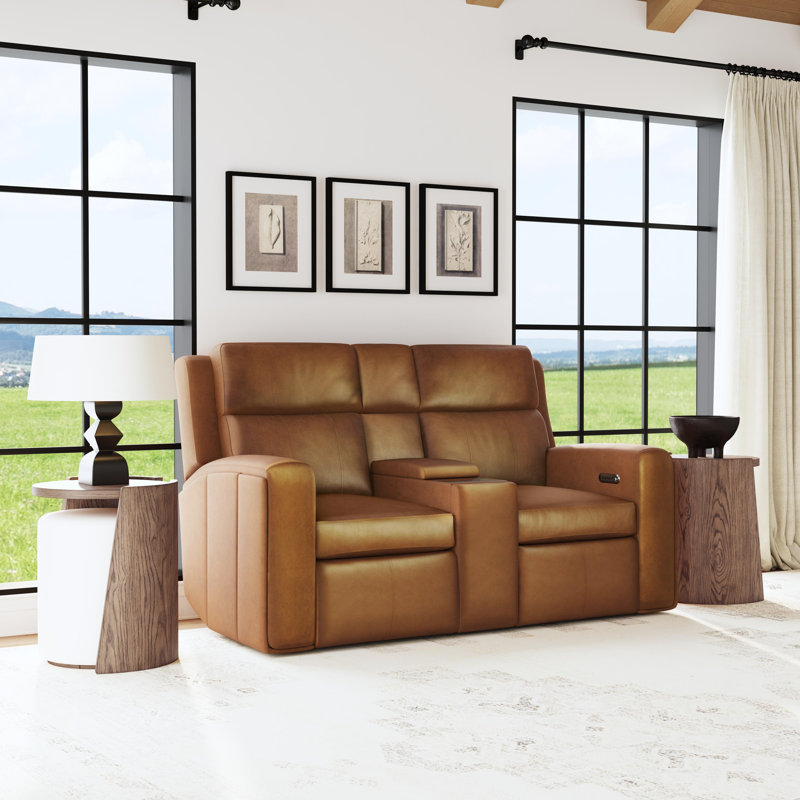 Harrison Power Reclining Loveseat With Console, Power Headrests & Lumba, Brown