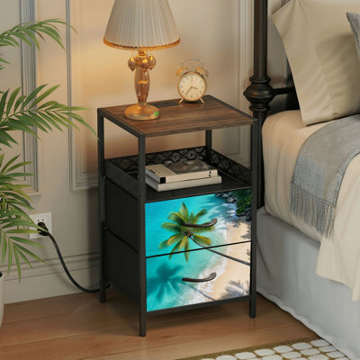 Nightstand with Charging Station, 2 Drawer Bedside Table with USB Ports and Outlets, Open Shelf, Black Night Stand for Bedroom Living Room Aerial View Tropical Beach Turquoise Water Palm Trees Print