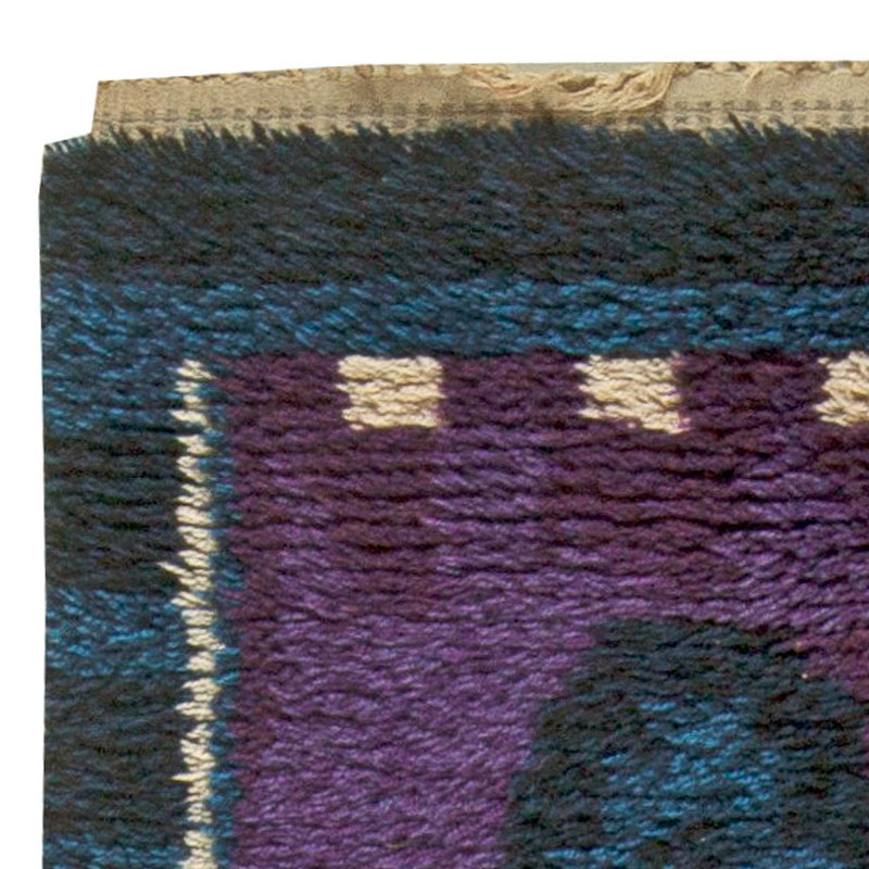 Tapis rétro bleu en laine fait à la main de haute qualité Rya