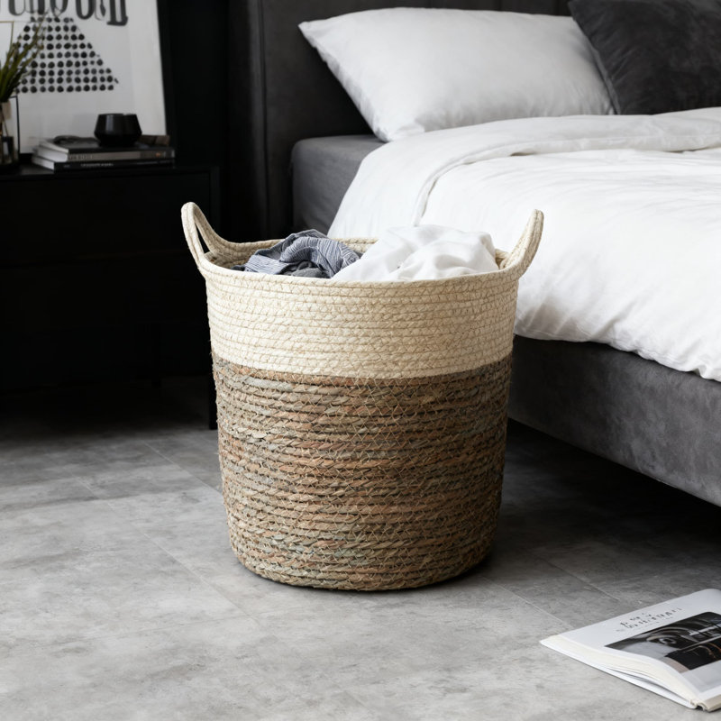 Handwoven Seagrass Storage Basket With Handles, Large Woven Laundry Hamper, Plant Pot Cover, Decorative Home Organizer For Bedroom, Bathroom, And Living Room