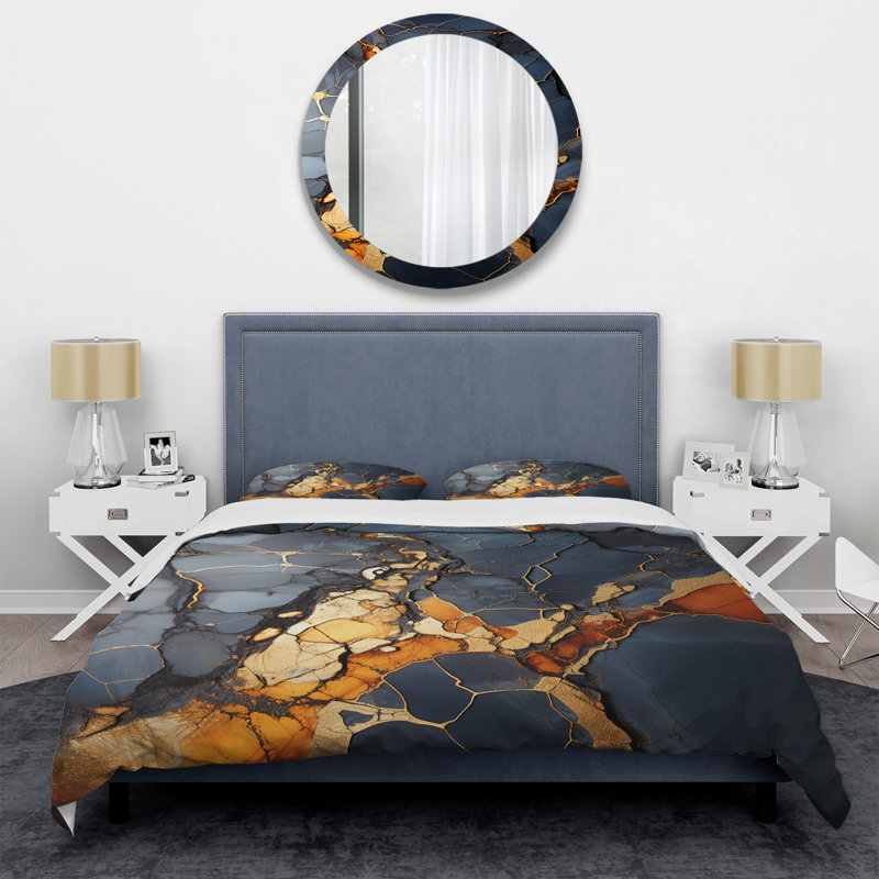 Ensemble de housse de couette à motif abstrait gris et or marbre gris IV, Housse de couette pour lit simple