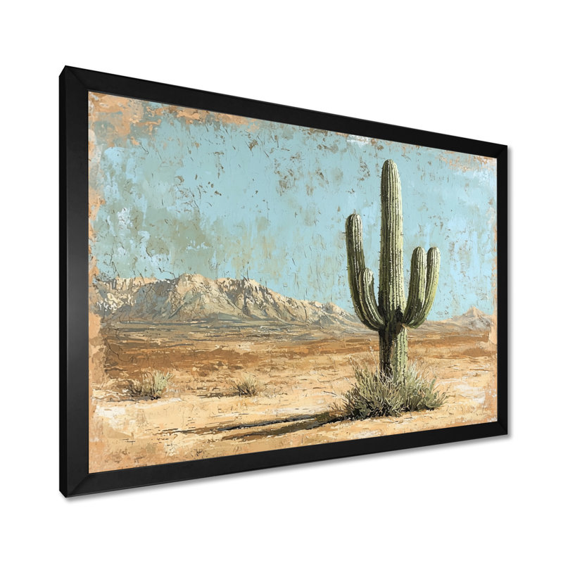 Cactus dans le désert I - art mural cactus, Cadre simple, Noir, H 24 po x l 32 po