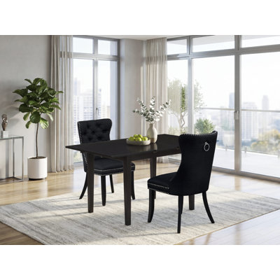 Ensemble de table de cuisine 3 pièces comprenant une table de salle à manger rectangulaire avec rallonge papillon et 2 chaises en tissu de polyester noir, noir