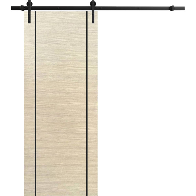 Porte coulissante de style grange avec quincaillerie Planum 0017, placage naturel, supports de rail de 2 m (6,6 pi), ensemble robuste, portes intérieures modernes à panneaux pleins - 81 cm x 203 cm (32 po x 80 po) - Rail noir