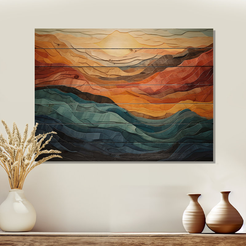Paysage de montagnes corail bleu sarcelle sur bois, H 30 po x l 40 po x P 0,78 po