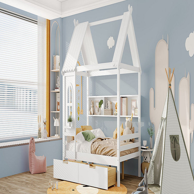 Lits doubles avec tiroirs de rangement et fenêtres, lit pour tout-petit avec structure en bois massif et tablettes. Un design ludique en blanc clair