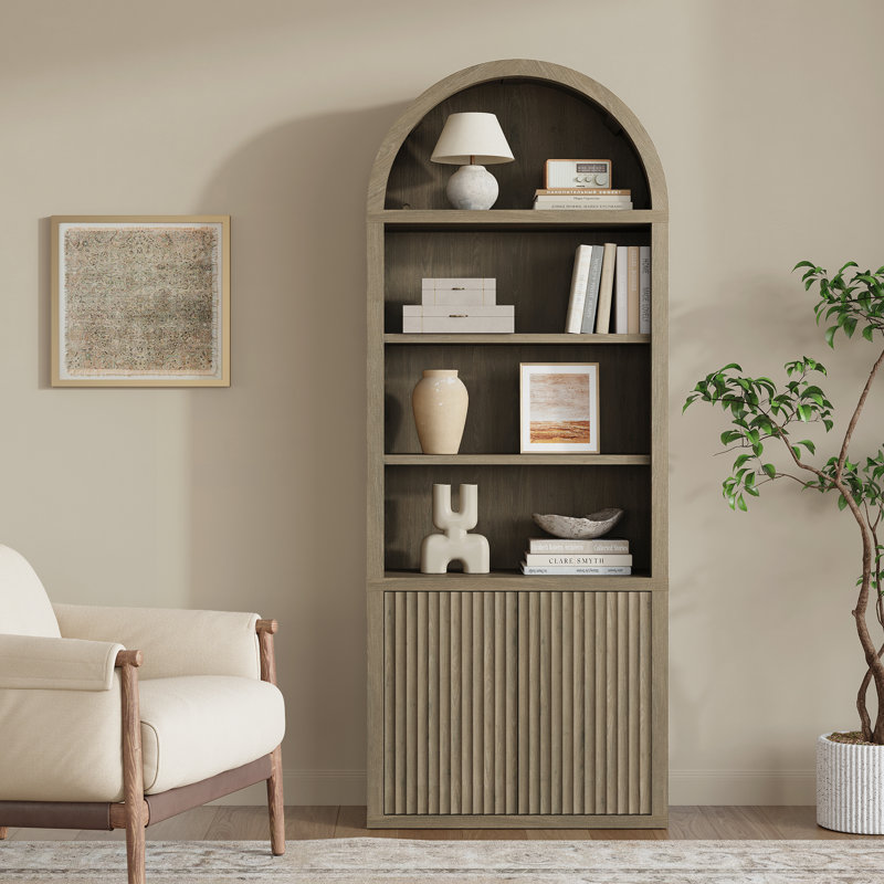 Cesiro 5-Tier Bookcase With 2 Fluted Doors And Adjustable Shelves, 1, Gray Alder