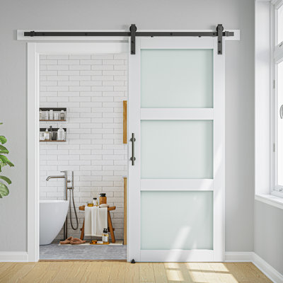 3-Lite Frosted Glass and Wood Paneled Barn Door with Installation Hardware Kit