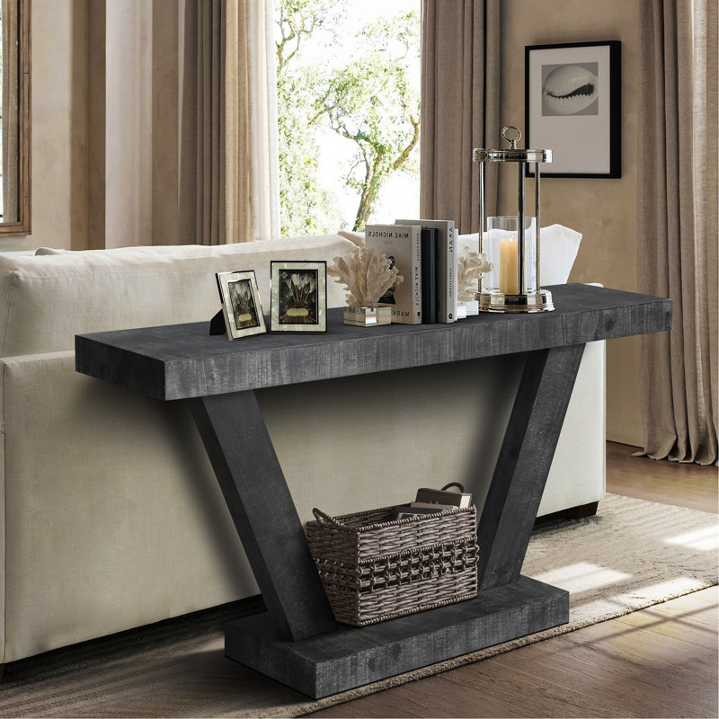 60"Long Distressed  2-Tier Wooden Console Table, Antique Black
