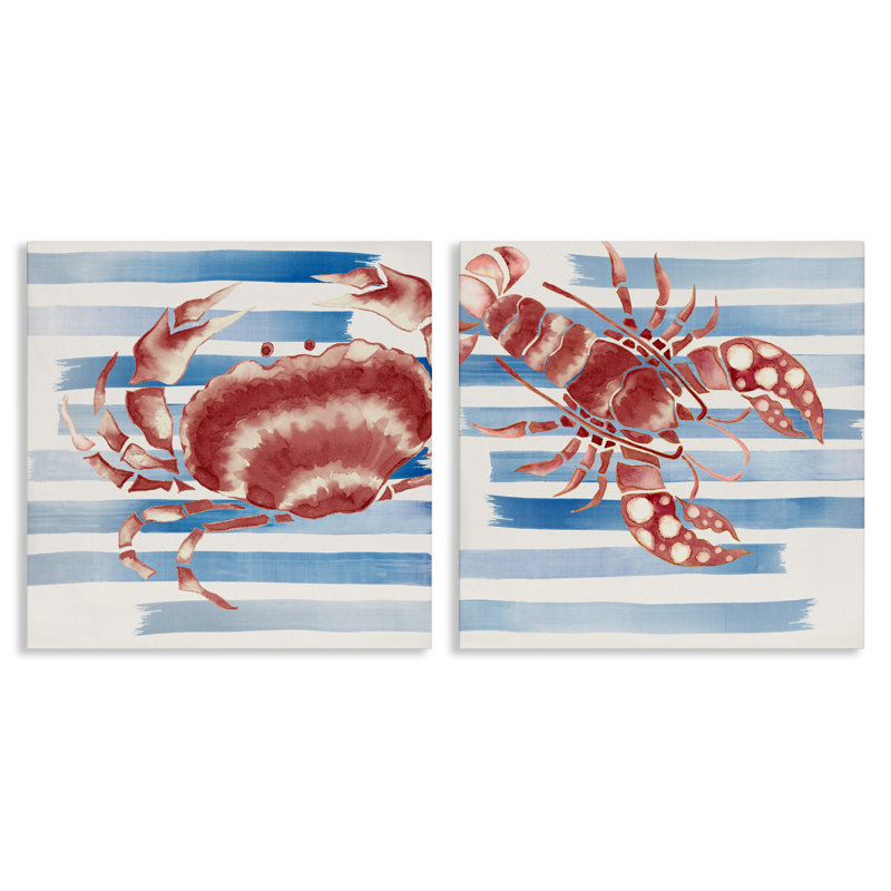 Ensemble de toiles à rayures, créatures de mer 2 pièces, par Eli Jones, H 17 po x l 17 po