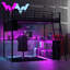 Lit mezzanine double en métal avec DEL, bureau et 4 tablettes de rangement
