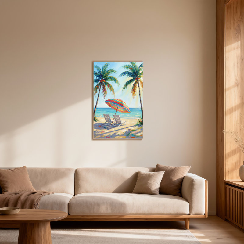Plantes et fleurs, plage, palmiers, parasol, chaises, soleil, océan, ciel, sable, H 24 po x l 36 po