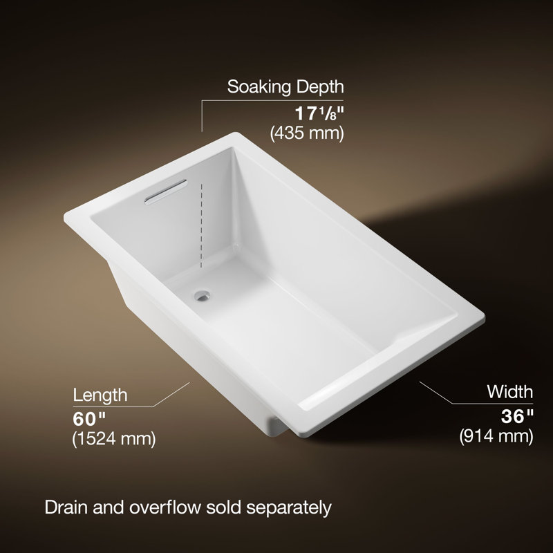 Underscore 60" x 36" Acrylic Drop-In or Undermount Soaking Bathtub with Integral Lumbar Support, White