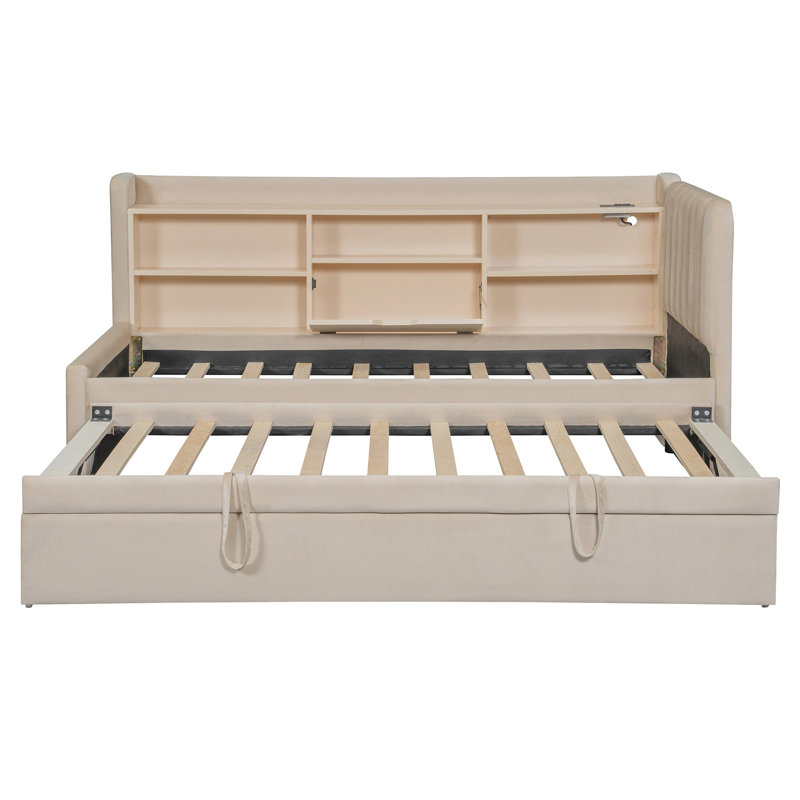 Lit de jour simple tapissier avec couchette, tablettes de rangement, USB et prise de courant (beige)