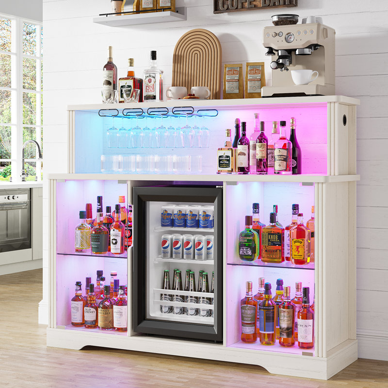 	Glass Wine Cabinet with Freestanding Wine Cooler Refrigerator, 4 Removable Wine Shelves, RGB Light, White