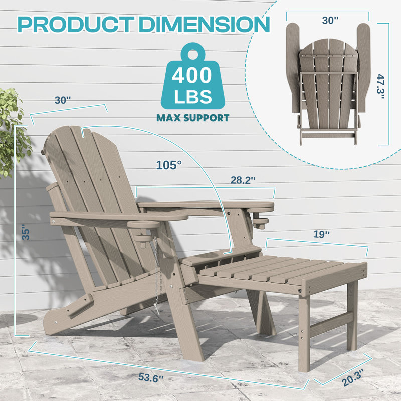 Chaise Adirondack pliante en plastique avec repose-pieds Cait, Bois