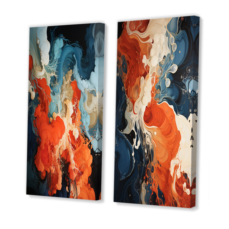 Encre liquide bleue et orange, art abstrait sur toile IV, ensemble de 2 peintures abstraites sur toile, Toile tendue