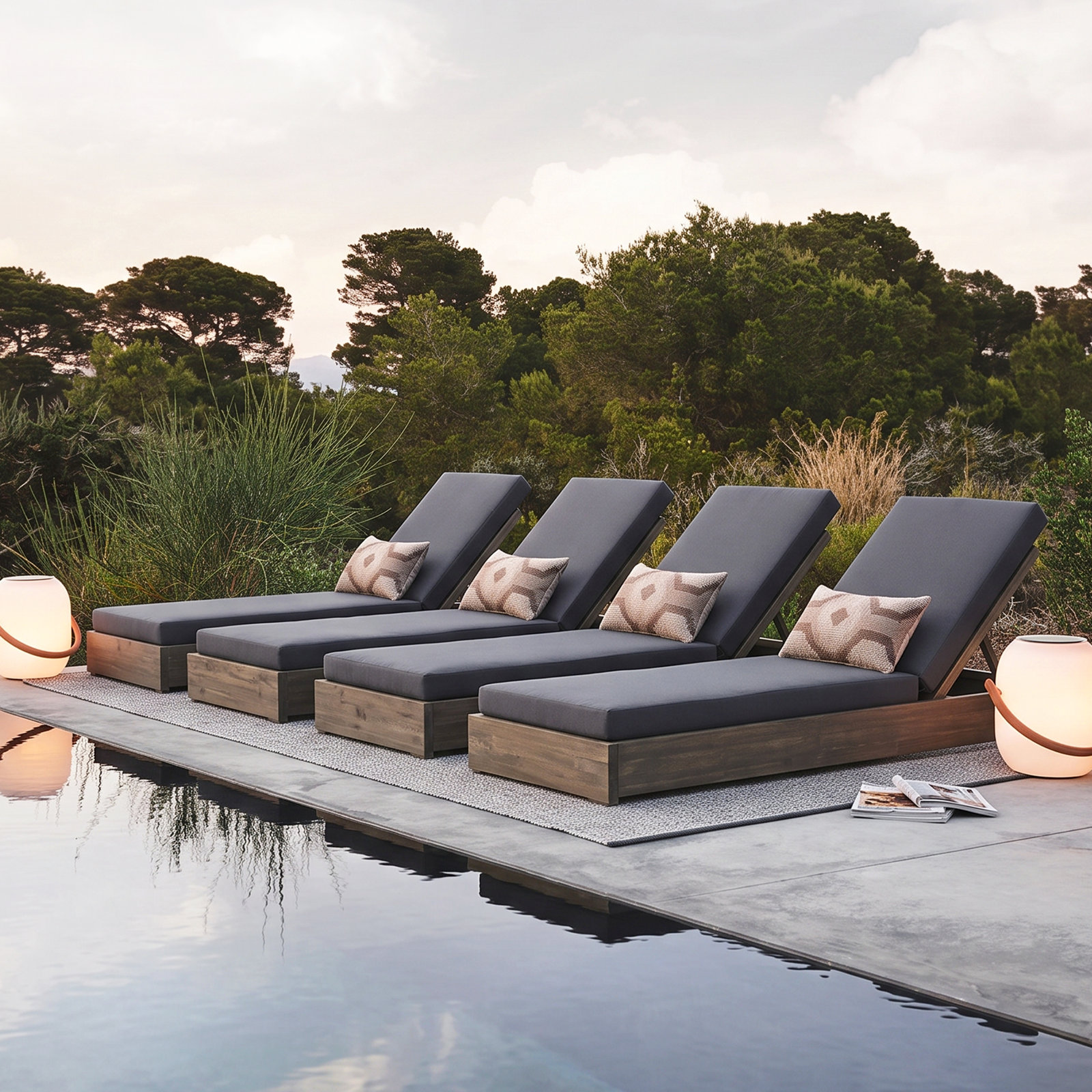 Donnie 30" Acacia Patio Chaise Lounge Set, Dark Gray Cusion/Gray Frame, Set of 4