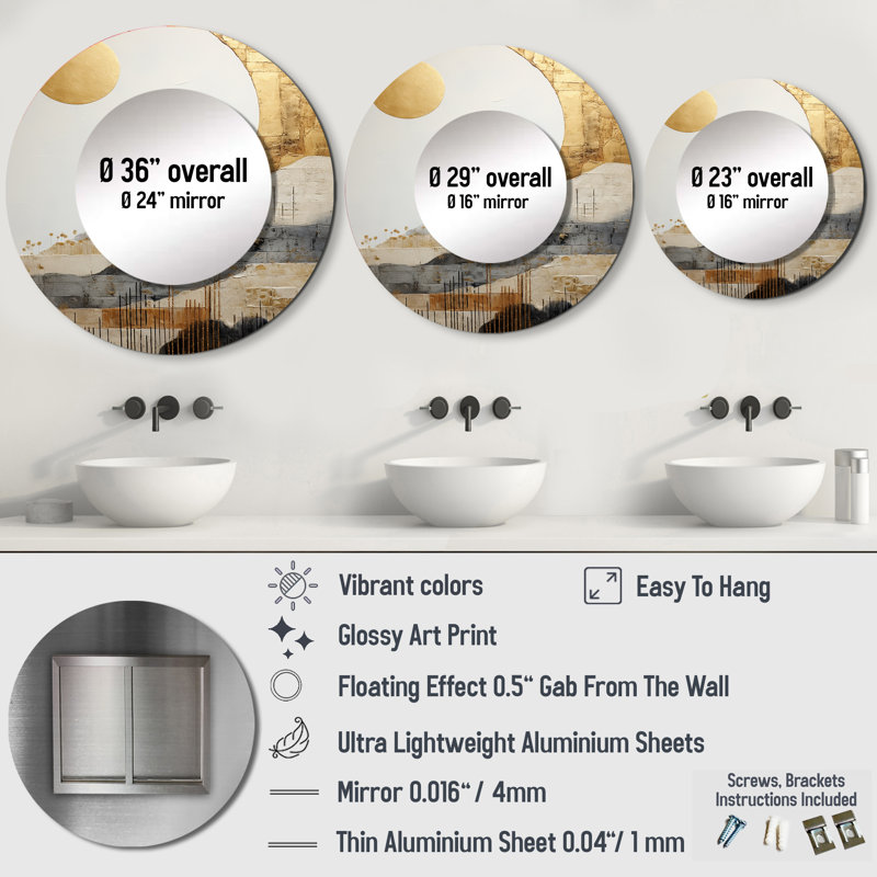 Farmstead Elegance Countryside - miroir décoratif de ferme, miroir mural rond beige, impression d'art en métal, 29 po x 29 po