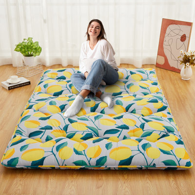 Matelas futon japonais pliable 137 x 203 cm (54 x 80 pouces), motif citron, épaisseur 3,8 cm (1,5 pouce), pour adultes, enfants et invités, gris pâle