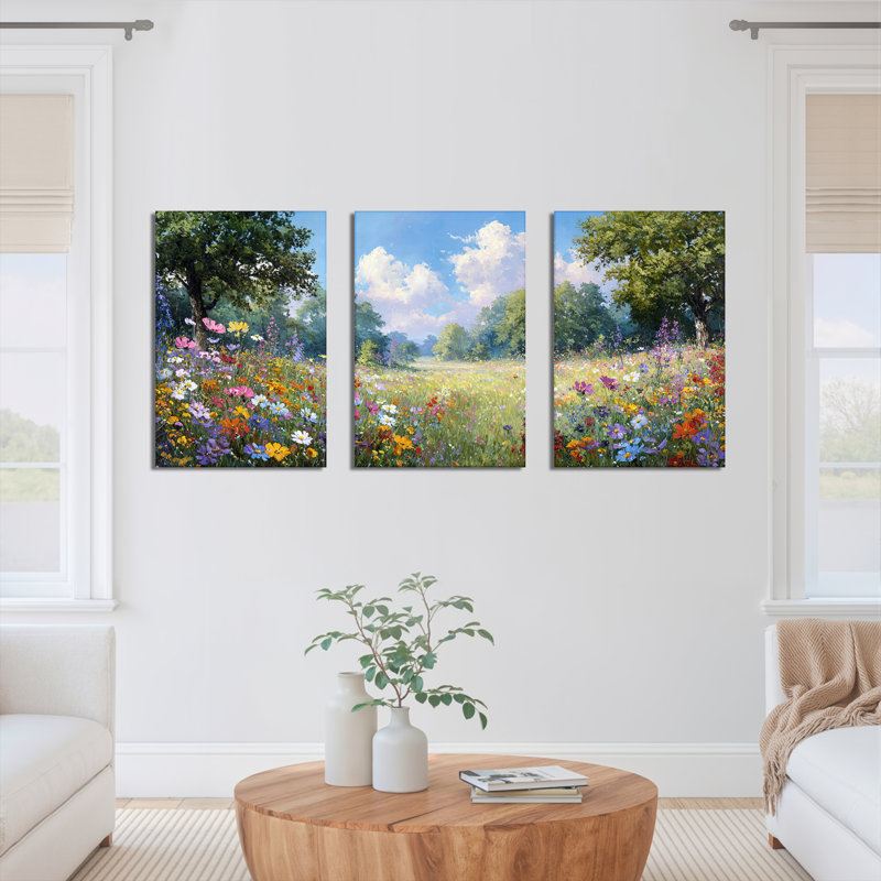 Floral Meadow, peinture à l'huile sur toile, impression de paysage (ensemble de 3), H 36 po x l 72 po