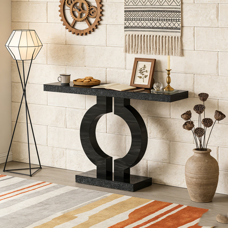 Mirrored Console Table Modern Sofa Table with O-Shaped Base, Black