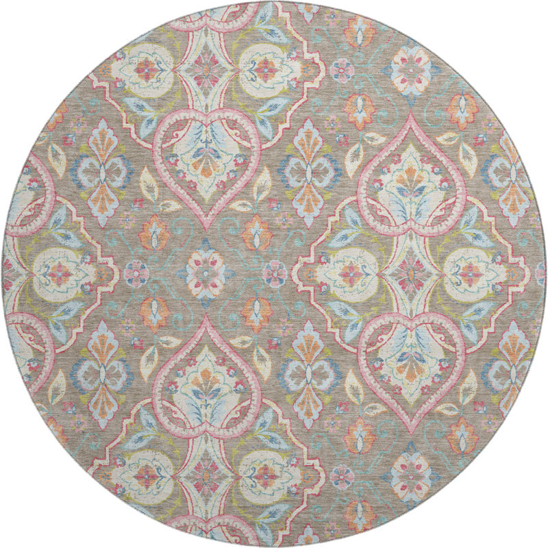 Tapis bohème de qualité supérieure lavable à la machine Mayfield AMF2207, Taupe, 8' Round