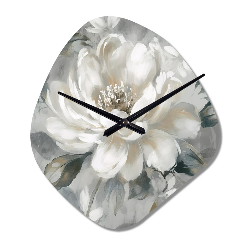 Pivoine blanche grise Blooms In Motion I - pivoines asymétriques, horloge en métal de forme unique blanche, Grand