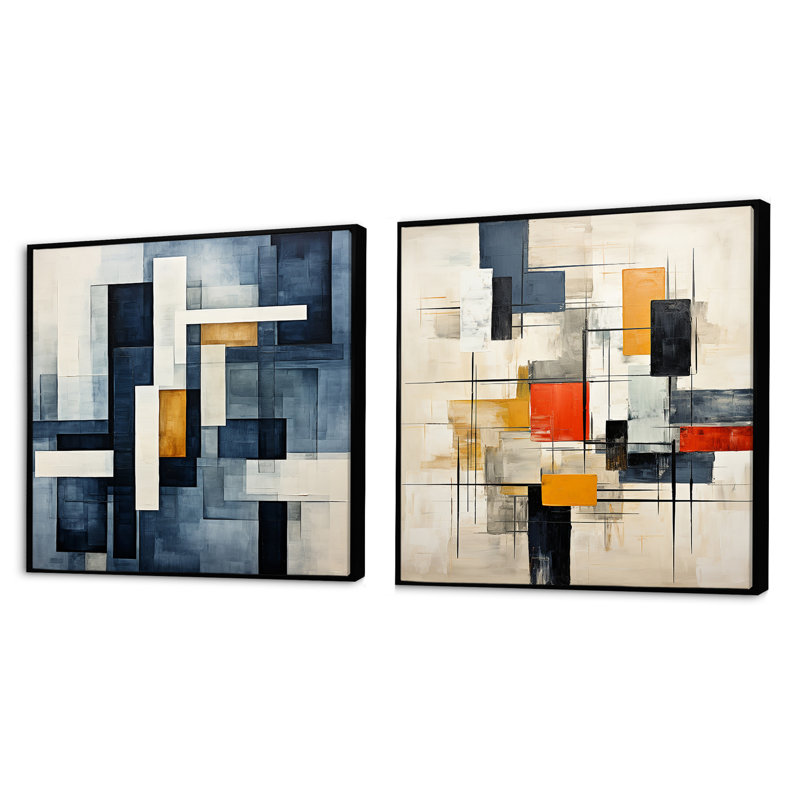 Chrysteen - Ensemble de 2 collages carrés à formes abstraites, Cadre flottant noir, H 30 po x l 61 po