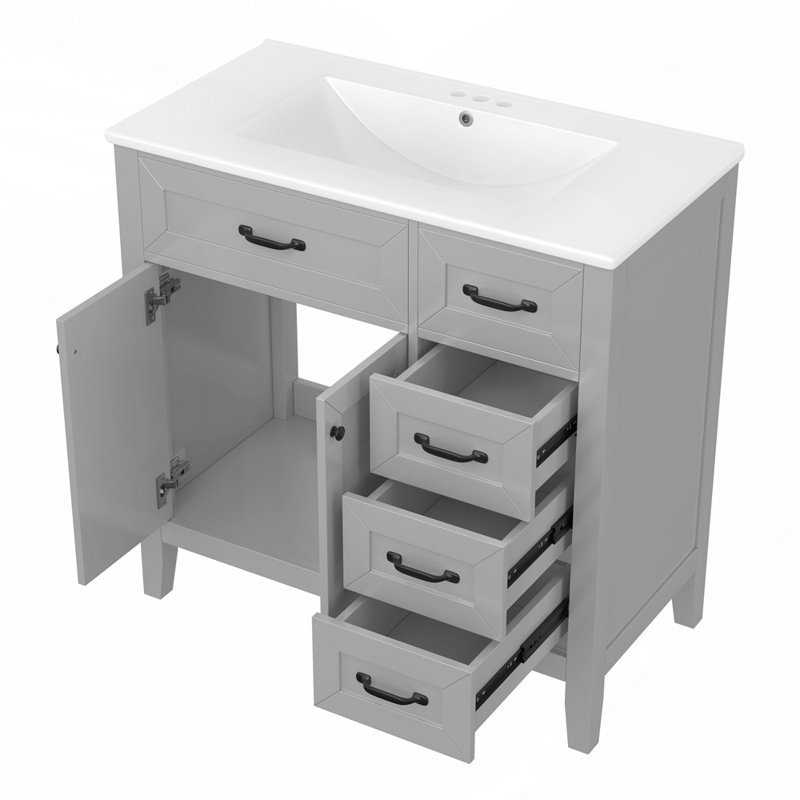 Meuble-lavabo autoportant avec lavabo en céramique lisse et grand espace de rangement, Gris