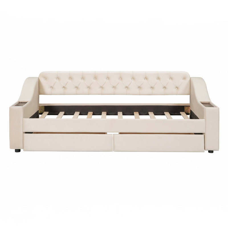 Twin Size Upholstered Daybed With Storage Armrests And USB Port, Beige