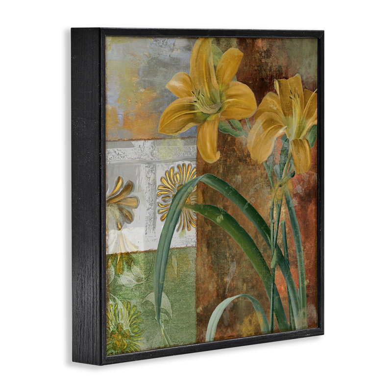 Lys jaunes sur giclée encadrée de carreaux rétro, design par Sasha, Giclée encadrée noir minuit, H 17 po x l 17 po