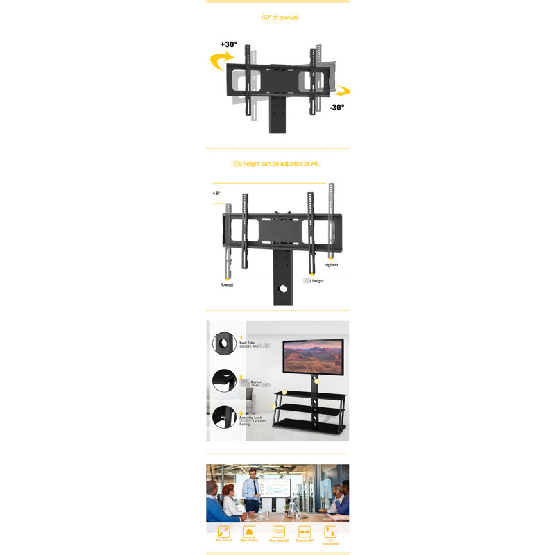 Support TV en verre trempé noir réglable en hauteur pour téléviseurs de 32 à 65 pouces et optimisation de l'espace avec option Better Fit
