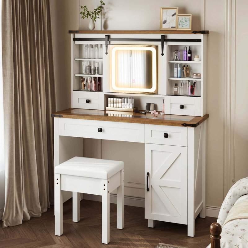 Farmhouse Vanity Desk With Sliding Mirror Makeup Vanity Table With 3 Lighting Modes
