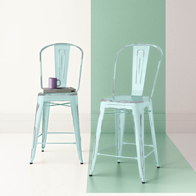 Angelean 24" High Distressed Metal Indoor-Outdoor Counter Height Stool - Back, Mint Green, Counter Stool (24" Seat Height)
