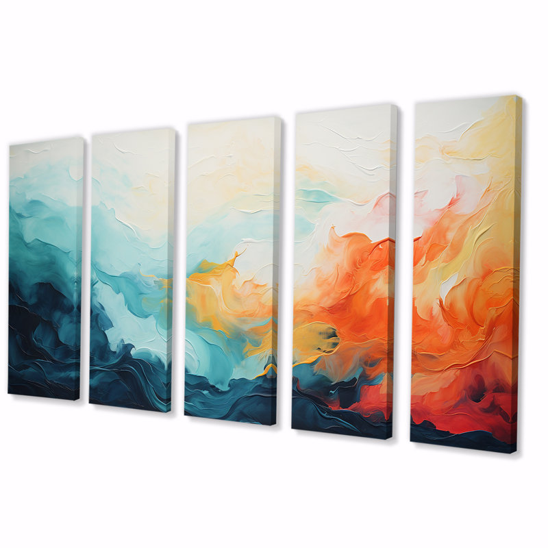 Azur bleu jaune Fusion I - peinture abstraite, art mural 5 pièces, H 28 po x l 60 po